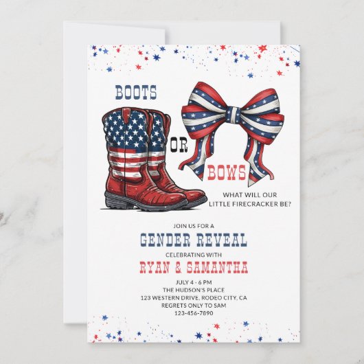 ブーツまたは弓ウェスタン赤白青ジェンダーの表示 招待状 (正面)