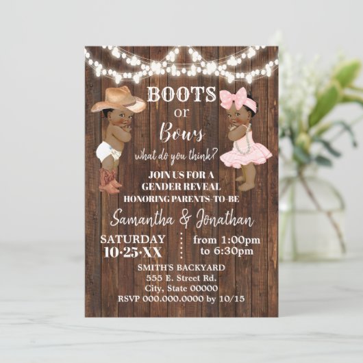 ブーツまたは弓カントリーオウムベビー性別の表示 招待状 (スタンド正面)