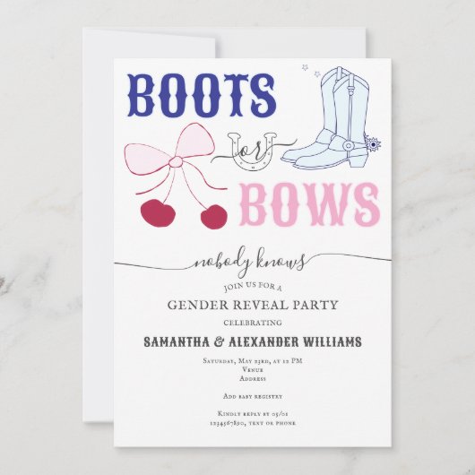 ブーツまたは弓カントリー性別が赤ちゃんシャワーを明らかにする 招待状 (正面)