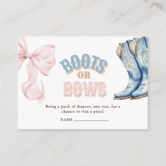 ブーツまたは弓ジェンダーおむつラッフルを明らかにする エンクロージャーカード (正面)