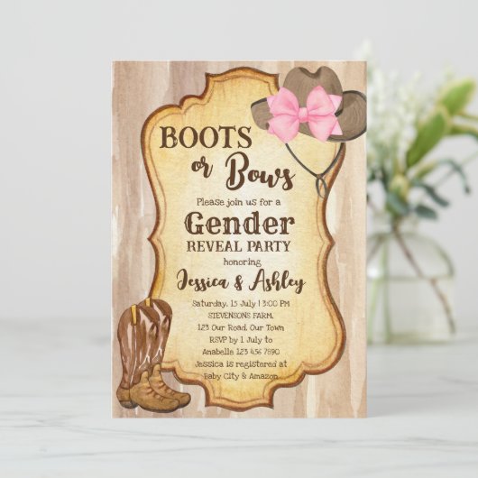 ブーツまたは弓ジェンダーがパーティー予算の招待状を明らかにする 招待状 (スタンド正面)