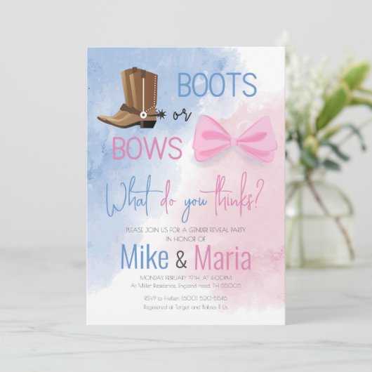 ブーツまたは弓ジェンダーが招待を明らかにする 招待状 (スタンド正面)