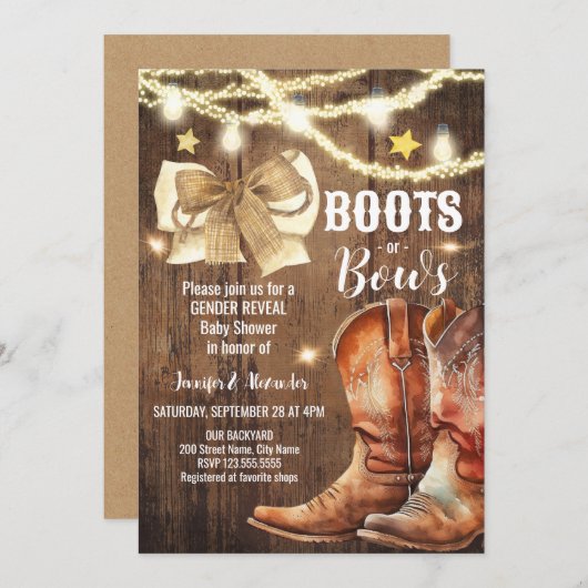 ブーツまたは弓ジェンダーが赤ちゃんシャワーを明らかにする招待状 招待状 (正面/裏面)