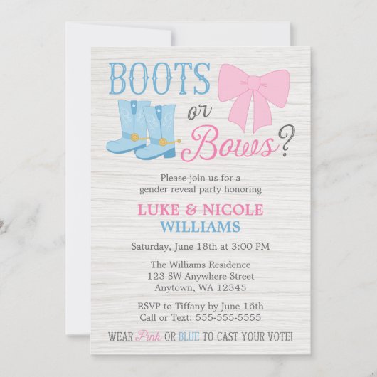 ブーツまたは弓ジェンダーが赤ちゃん素朴のシャワーを明かす 招待状 (正面)