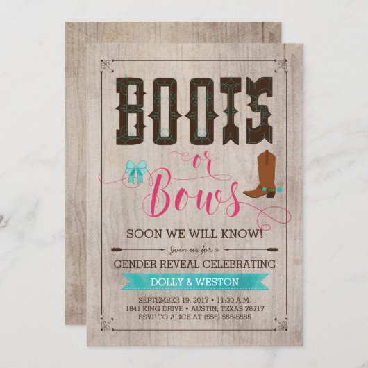 ブーツまたは弓ジェンダーの表示招待状 招待状 (正面/裏面)