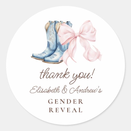 ブーツまたは弓ジェンダーは感謝のステッカーを明らかにする ラウンドシール (正面)