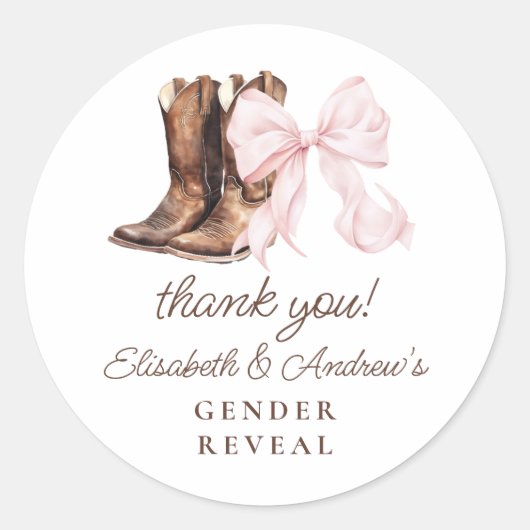 ブーツまたは弓ジェンダーは感謝のステッカーを明らかにする ラウンドシール (正面)