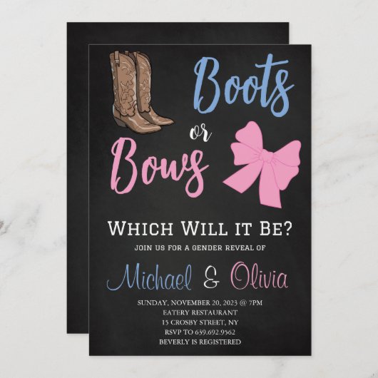 ブーツまたは弓ジェンダー明らかにパーティー赤ちゃんシャワー 招待状 (正面/裏面)