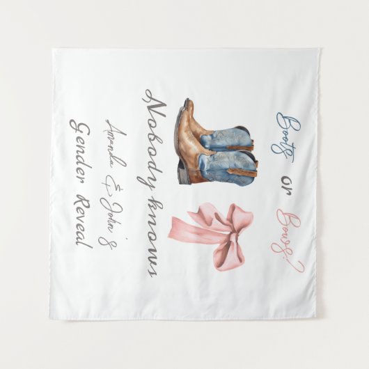 ブーツまたは弓ブルーとピンクのジェンダーが背景を明らかにする タペストリー (正面(横))