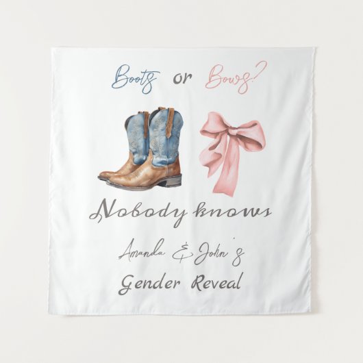 ブーツまたは弓ブルーとピンクのジェンダーが背景を明らかにする タペストリー (正面)