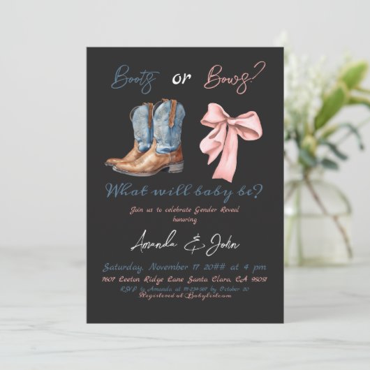 ブーツまたは弓ブルーピンクの少年の女の子のジェンダーを明らかにする 招待状 (スタンド正面)