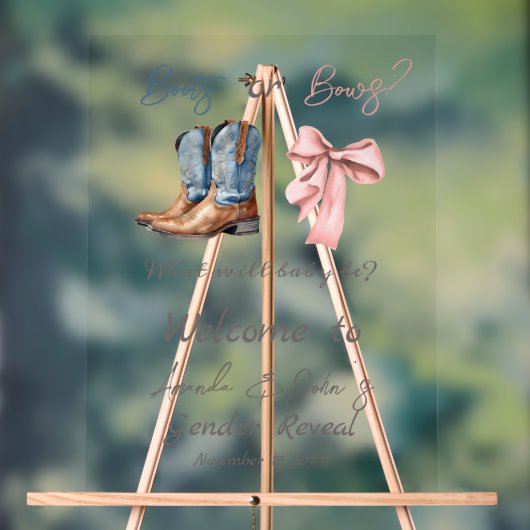 ブーツまたは弓ブルーピンクジェンダー歓迎を明らかにする アクリルサイン (ニュートラル)