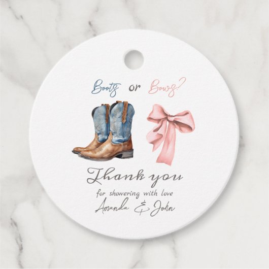 ブーツまたは弓ブルーピンクジェンダー表示パーティー フェイバータグ (正面)