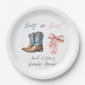 ブーツまたは弓ブルーピンクジェンダー表示パーティー ペーパープレート (正面)