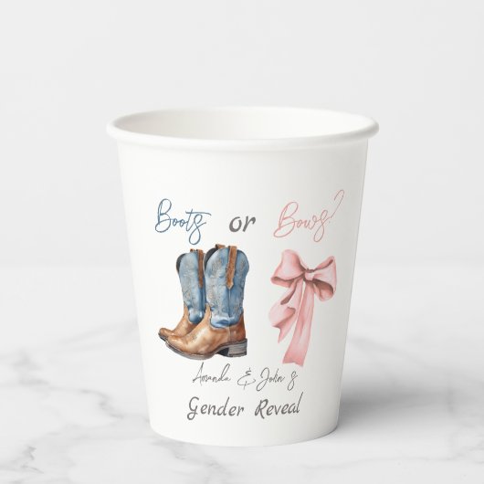 ブーツまたは弓ブルーピンクジェンダー表示パーティー 紙コップ (裏面)