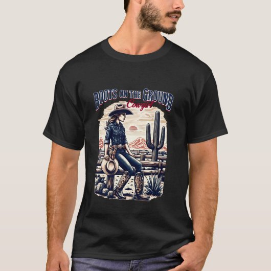 ブーツを履いたカウガール I ウエスタンな大胆カウガール Tシャツ (正面)