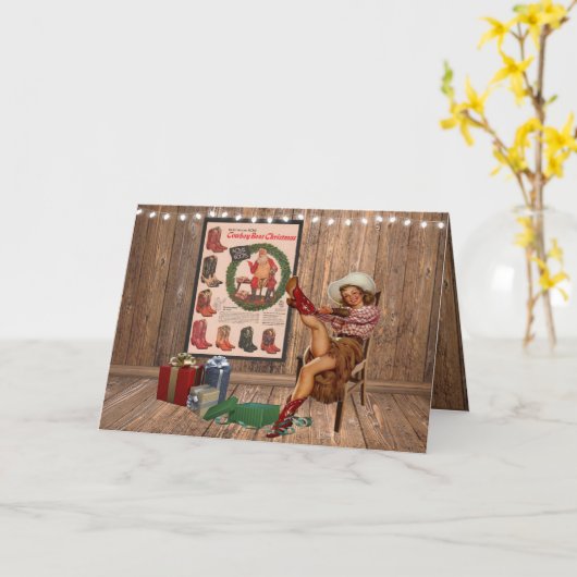 ブーツを履くカウボーイブーツのクリスマス女性のカーボーイ カード (黄色い花)