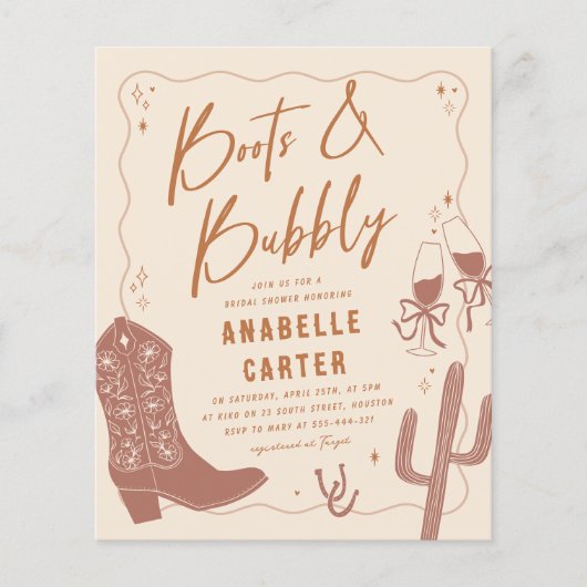 ブーツアンドバブリーブライダルシャワー予算招待状 (正面)