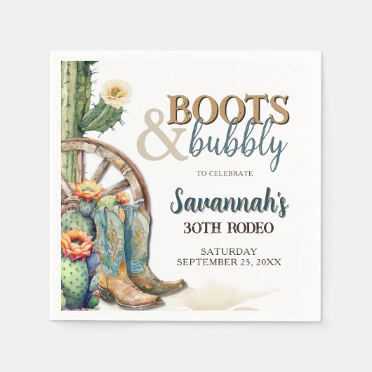 ブーツアンドバブリー女性のカーボーイウエスタンロデオ誕生日 スタンダードカクテルナプキン (正面)