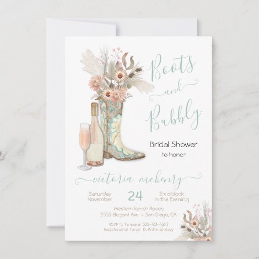 ブーツアンドバブルウェスタン女性のカーボーイブライダルシャワー 招待状 (正面)