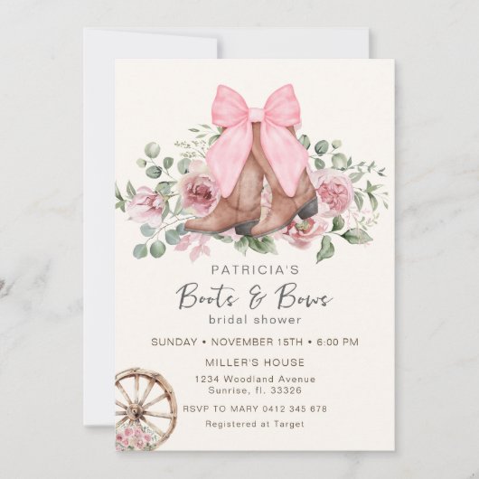 ブーツアンドボーズピンク女性のカーボーイブライダルシャワー 招待状 (正面)