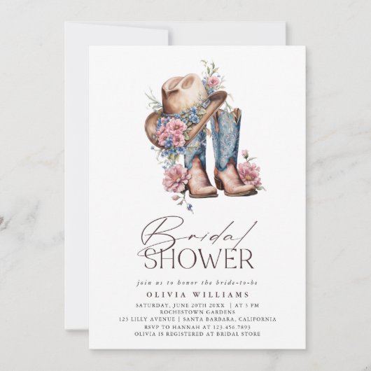 ブーツウェスタン女性のカーボーイフローラブライダルシャワー 招待状 (正面)