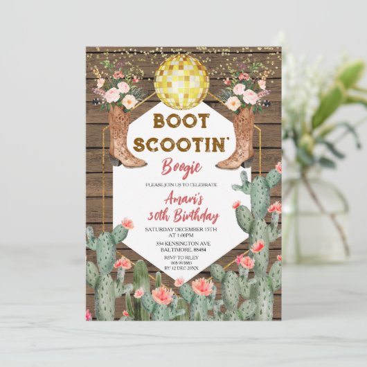 ブーツスクーティンブーギーディスコ女性のカーボーイ30th誕生日 招待状 (スタンド正面)