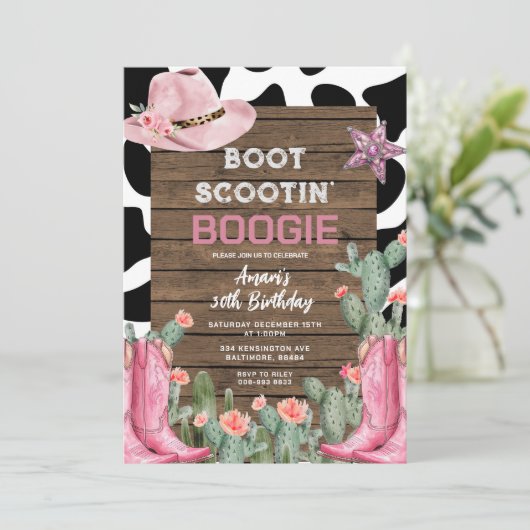 ブーツスクーティンブーギー女性のカーボーイ30歳の誕生日 招待状 (スタンド正面)
