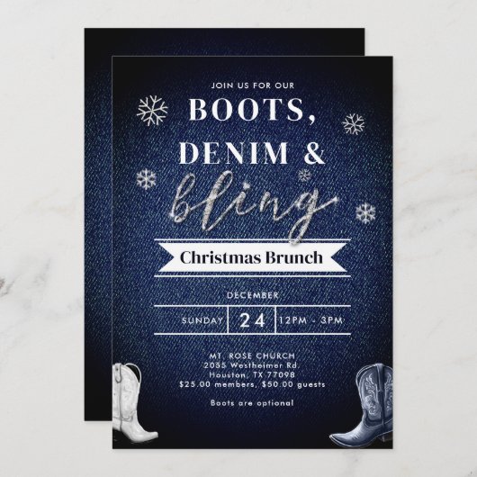 ブーツデニムきらきら光るチャーチブランチのクリスマスパーティー 招待状 (正面/裏面)