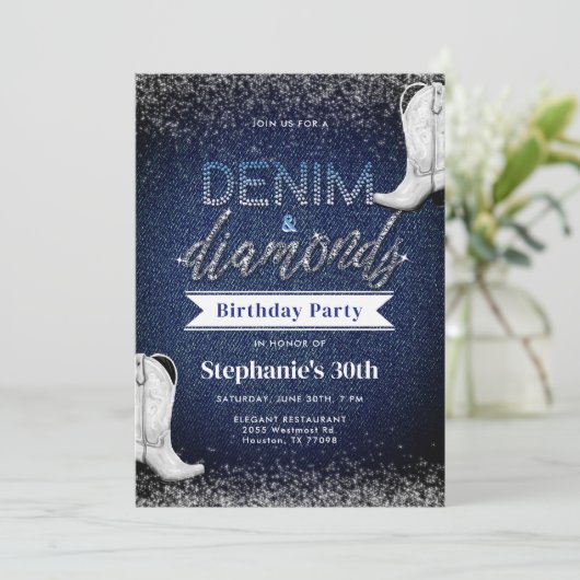 ブーツデニムダイアモンズブルージーンズシック30th誕生日 招待状 (スタンド正面)