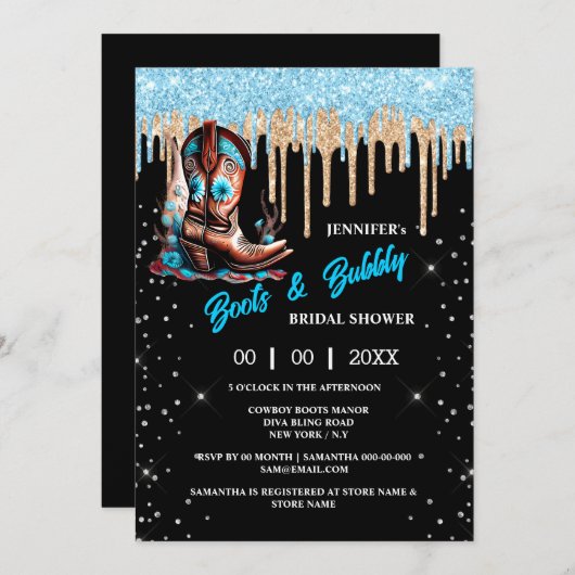 ブーツバブルカウボーイブーツグリッターシャインブライダル 招待状 (正面/裏面)