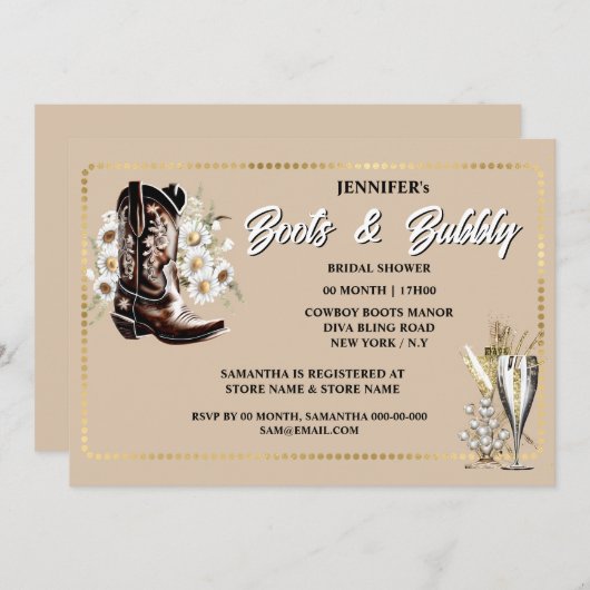 ブーツバブル女性のカーボーイフローラブート金ゴールドフレーム 招待状 (正面/裏面)