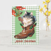 ブーツモダンセージでヴィンテージのクリスマスの子猫 カード (黄色い花)