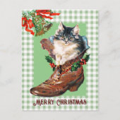 ブーツモダンセージでヴィンテージのクリスマスの子猫 シーズンポストカード (正面)