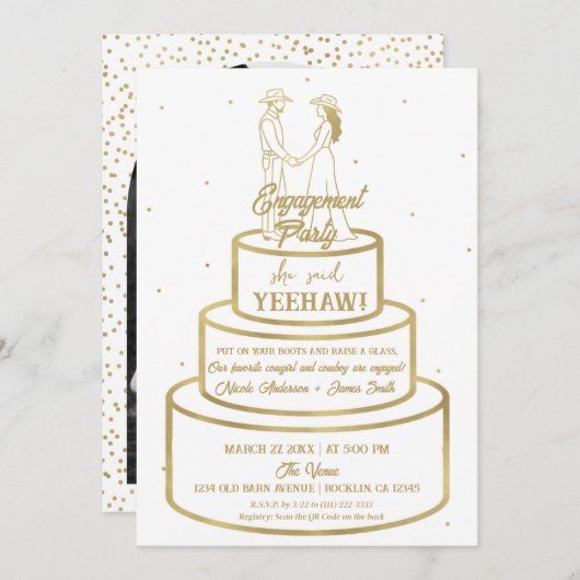 ブーツラブ&バタークリームケーキウェスタン婚約 招待状 (正面/裏面)
