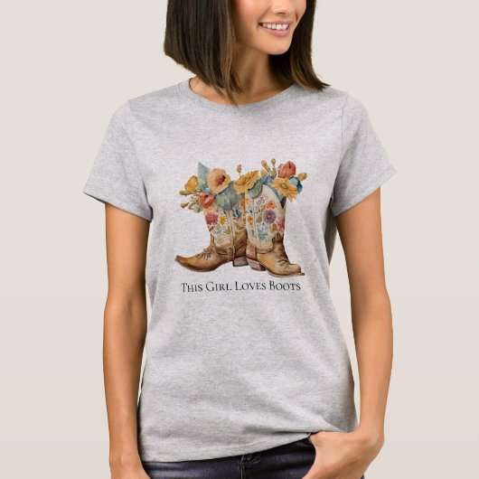 ブーツ好き女子 ブーツ カウボーイ・ブーツ 花柄 レディース Tシャツ (正面)