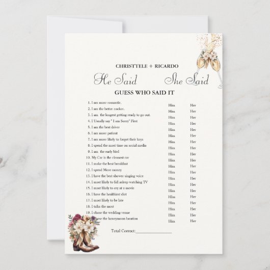 ブーツ彼は彼女はブライダルシャワーゲームカードと言った 案内状 (正面)