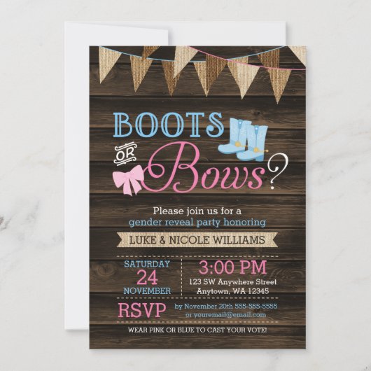 ブーツ素朴または弓ジェンダーが赤ちゃんシャワーを明らかにする 招待状 (正面)