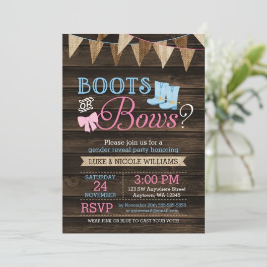 ブーツ素朴または弓ジェンダーが赤ちゃんシャワーを明らかにする 招待状 (スタンド正面)