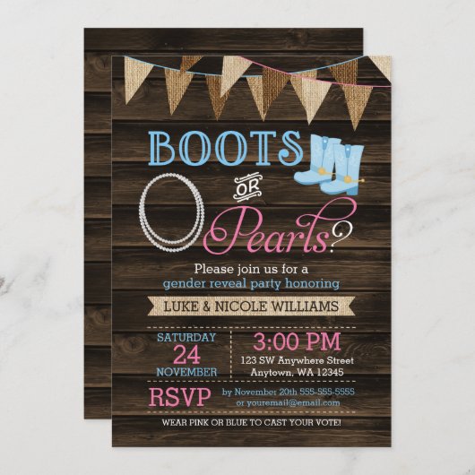 ブーツ素朴または真珠ジェンダーが赤ちゃんシャワーを明かす 招待状 (正面/裏面)