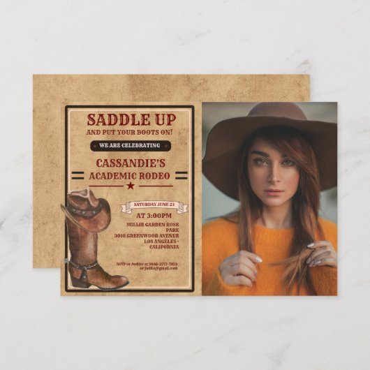 ブーツ素朴ウエスタンカウボーイ卒業 招待状 (正面/裏面)