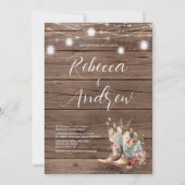 ブーツ素朴カウボーイ女性のカーボーイフローラライト結婚ズ 招待状 (正面)