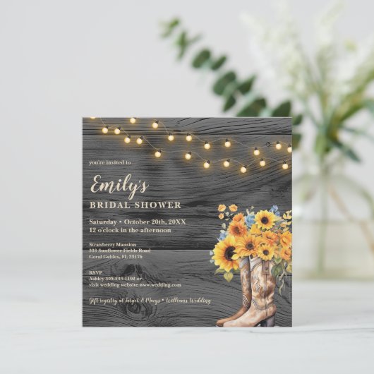 ブーツ素朴サンフラワーブライダルシャワー招待状 招待状 (スタンド正面)