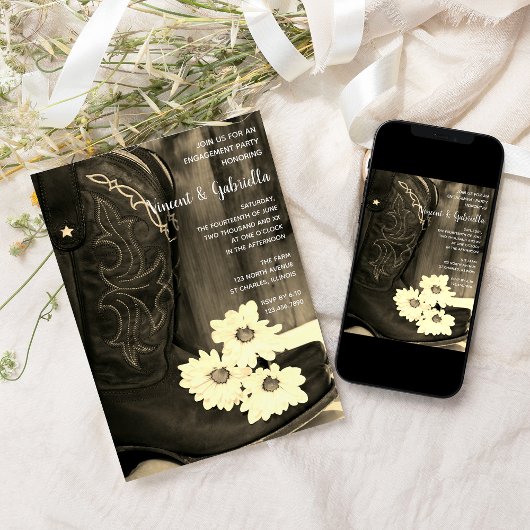 ブーツ素朴デイジーウェスタン婚約パーティセピア 招待状