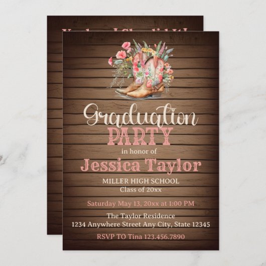 ブーツ素朴フローラピンク女性のカーボーイ卒業パーティー 招待状 (正面/裏面)