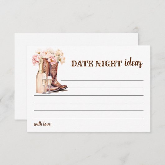ブーツ素朴ブライダルシャワー花嫁デイトナイトアイディア アドバイスカード (正面/裏面)
