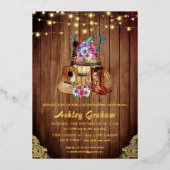 ブーツ素朴女性のカーボーイキンセアニラ15誕生日Inv 箔招待状 (正面)