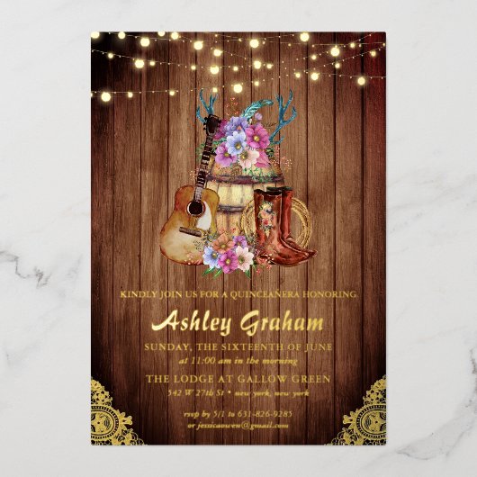 ブーツ素朴女性のカーボーイキンセアニラ15誕生日Inv 箔招待状 (正面)