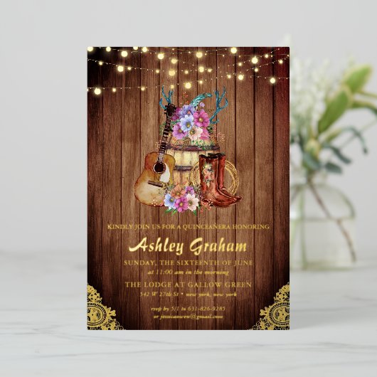 ブーツ素朴女性のカーボーイキンセアニラ15誕生日Inv 箔招待状 (立ち正面)