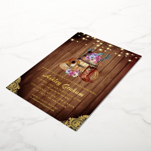 ブーツ素朴女性のカーボーイキンセアニラ15誕生日Inv 箔招待状 (回転した状態)